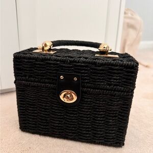 Black with gold detail straw box handbag Rattan Straw Shoulder Bag Women